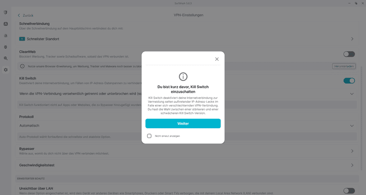 Der automatische Kill Switch unterbricht die Internetverbindung, wenn keine Verbindung mehr zum VPN-Server besteht