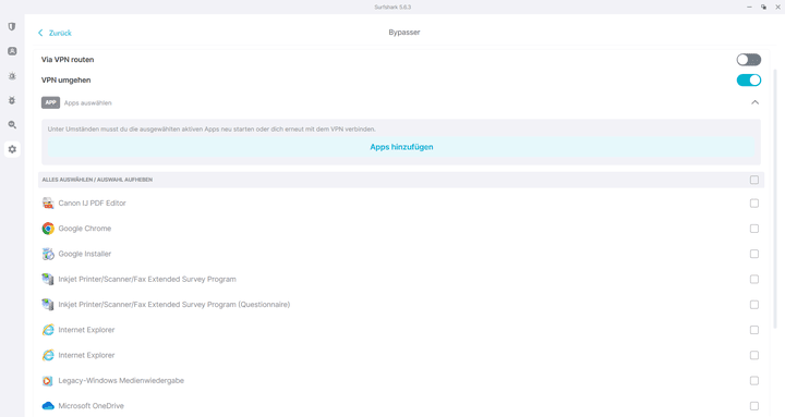 Mittels selbst angelegter Whitelists können Sie in Surfshark Split Tunneling aktivieren