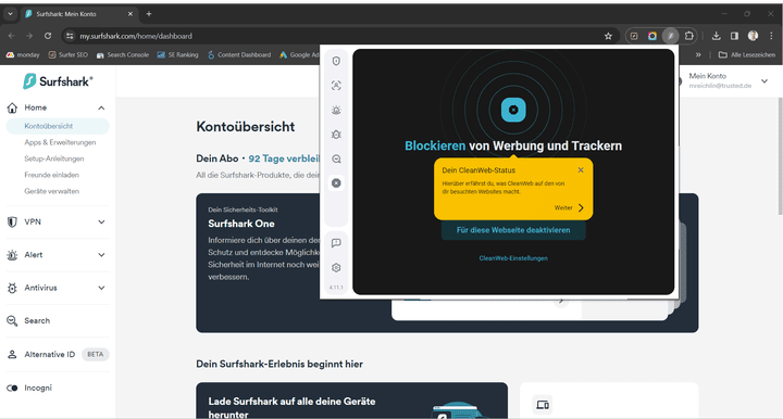 CleanWeb ist der hauseigene Ad- und Malware-Blocker, den Sie in jedem Surfshark-Abo gratis dazubekommen
