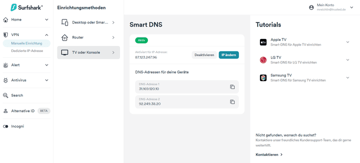 Auf Geräten ohne native App können Sie Surfshark via Smart-DNS aktivieren