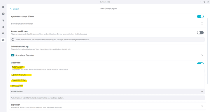 Bei Surfshark haben Sie die Wahl aus drei verschiedenen Protokollen, darunter der aktuelle Standard OpenVPN