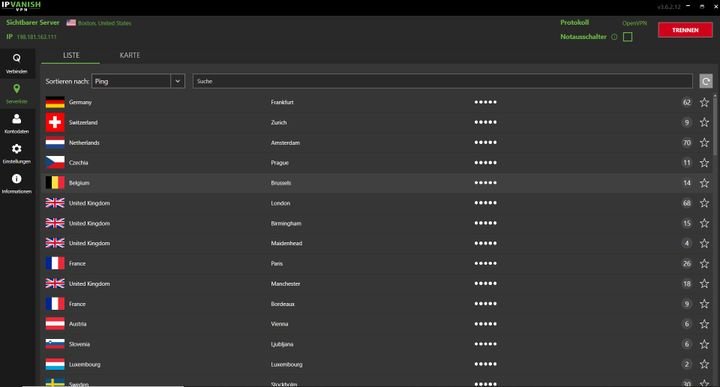 In der Serverauswahl finden Sie immer Server in einem geeigneten Land und mit einer guten Performance