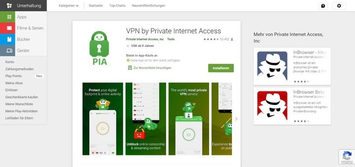 PIA verfügt über die besten Bewertungen im Play Store unter allen hier vorgestellten Systemen