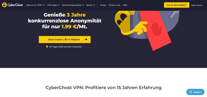 Oft kommt ein VPN mit einer Geld-zurück-Garantie für eine gewisse Zeit, bei CyberGhost etwa 45 Tage