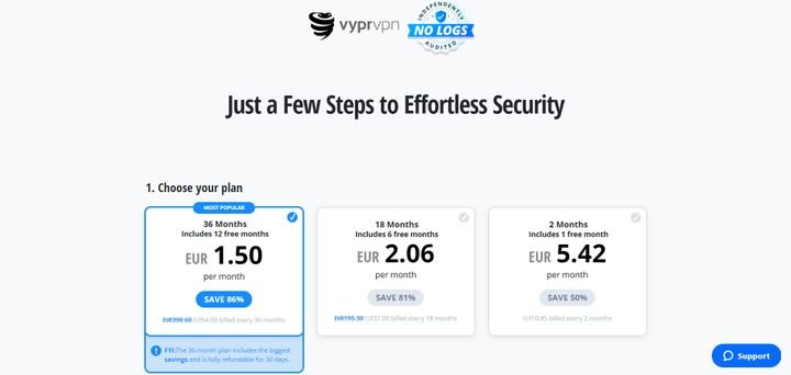 Bei VyprVPN wählen Sie aus drei verschiedenen Laufzeiten mit unterschiedlichen Monatspreisen