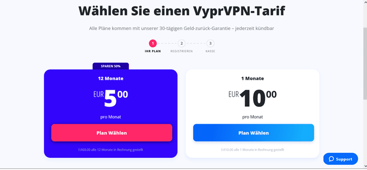 Bei VyprVPN wählen Sie aus drei verschiedenen Laufzeiten mit unterschiedlichen Monatspreisen
