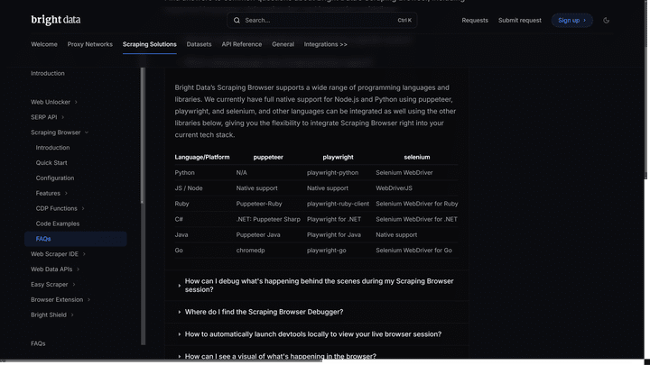 Bright Data teilt dir in den FAQ mit, wie du über deine bevorzugte Coding-Sprache mit dem Scraper interagierst