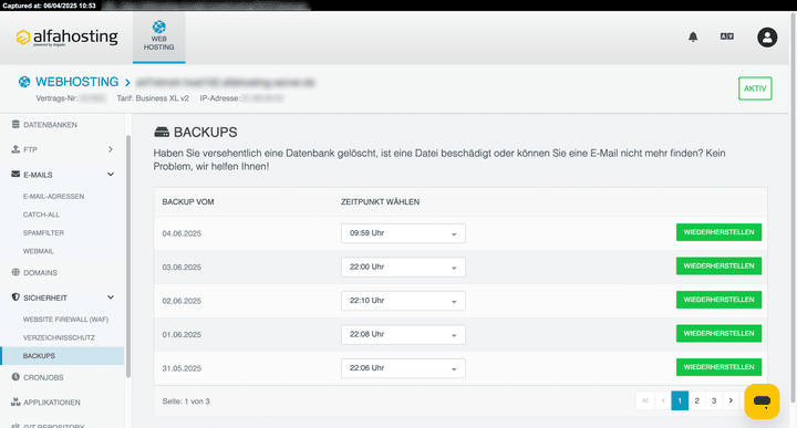 Ein großes Plus an dogado ist die sinnvoll umgesetzte Backup-Strategie. Automatische Backups werden mehrmals täglich durchgeführt, lassen sich aber auch manuell planen und im Control Panel selbstständig wiederherstellen.