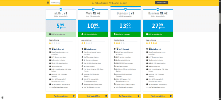 Hier ein Überblick über die einzelnen Webhosting-Tarife bei Alfahosting; du siehst die Preise im günstigeren Jahrestarif. Im flexiblen Monatstarif wird es nochmal je 1 € teurer.