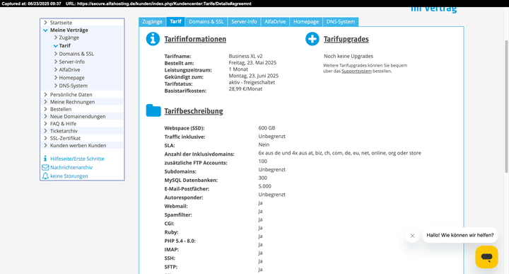 Hier siehst du als Beispiel die Zusammensetzung meines gebuchten Tarifs bei Alfahosting.