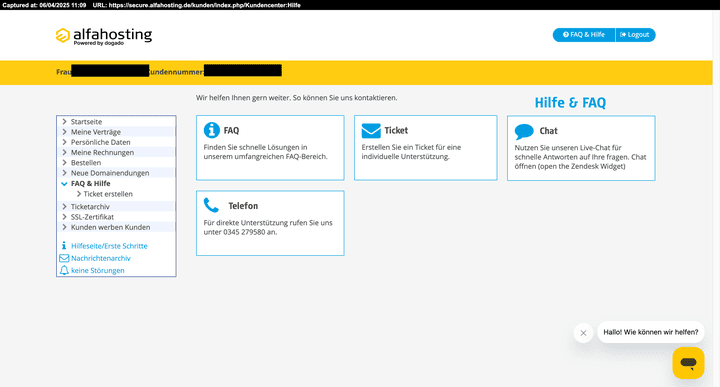 Ein Blick in das Kundencenter von Alfahosting.