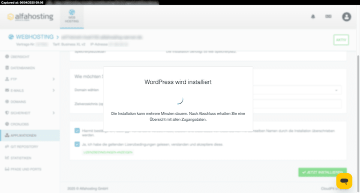 Schritt 1 in meinem Praxistest: Meine WordPress-Testseite auf Alfahosting aufsetzen.