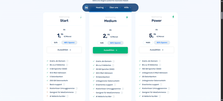 Die Preise für Cloud86 im Überblick; hier siehst du die besonders günstigen Preise im 3-Jahres-Paket.