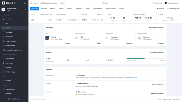 creoline bietet ein übersichtliches Dashboard.
