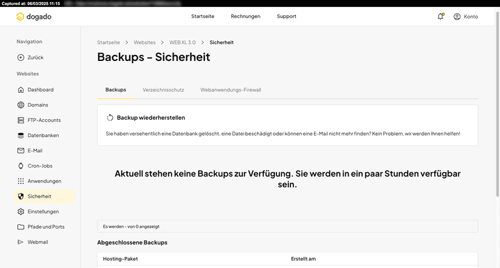 Backups werden bei dogado mehrmals täglich angelegt und lassen sich aus dem Control Panel heraus einfach wiederherstellen.