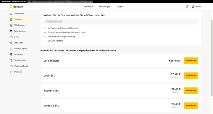 Ein kostenloses SSL-Zertifikat ist in jedem Hosting-Tarif enthalten. Für noch mehr Schutz lässt sich die SSL gegen Aufpreis aber noch erweitern.