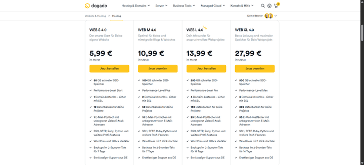 Hier wirfst du einen Blick auf die Preise von dogado (im günstigeren Jahrestarif).