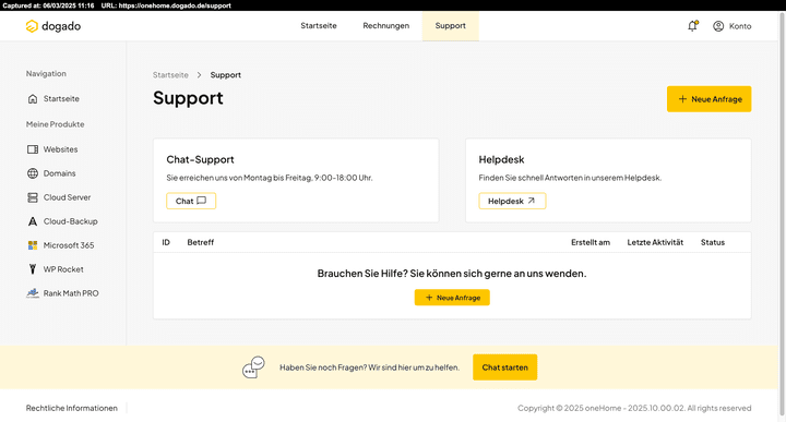 Das Supportteam von dogado erreichst du z.B. direkt aus dem Control Panel heraus per Live-Chat – aber auch per Hotline und E-Mail.