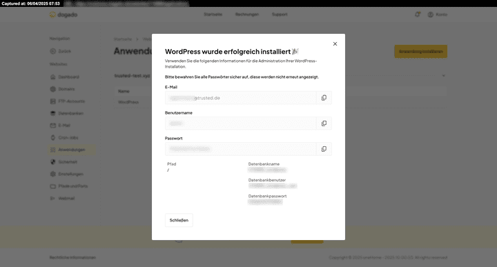 Die Installation von WordPress und die Einrichtung meiner Test-Website – bei dogado innerhalb von wenigen Minuten erledigt, wenn man weiß, was man tut.