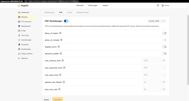 Ein Blick in die PHP-Einstellungen von dogado.