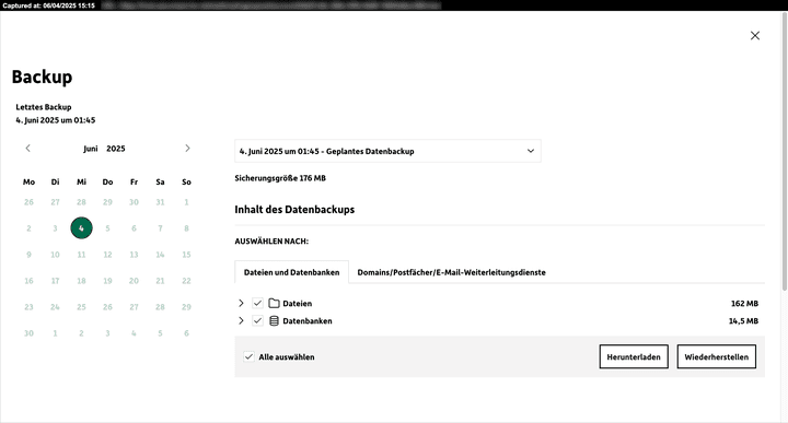Backups führt DomainFactory täglich durch und hebt deine Daten bis zu 7 Tage für die Wiederherstellung auf. 