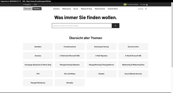 Das Helpcenter von DomainFactory macht einen guten ersten Eindruck, ist aber nicht auf der Höhe der Zeit.