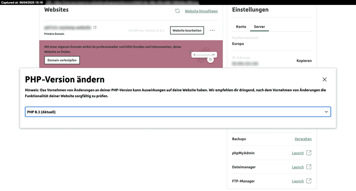 Ein Blick auf die PHP-Einstellungen in DomainFactory.