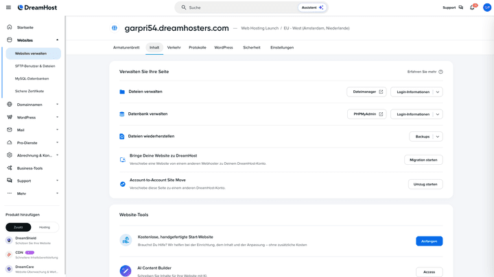 Im übersichtlichen Control Panel von DreamHost behältst du deine Website und deine Inhalte immer im Blick.