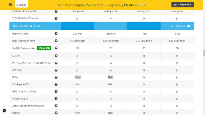 Günstigere Webhosting-Versionen begrenzen Sie teilweise auch in den verfügbaren Coding-Sprachen
