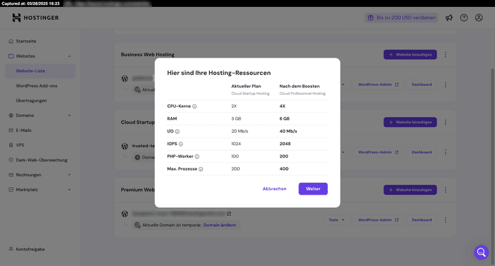 Hier siehst du die Ressourcen, die Hostinger mir in meinem Test mit dem Tarif “Cloud Startup” zur Verfügung gestellt hat.
