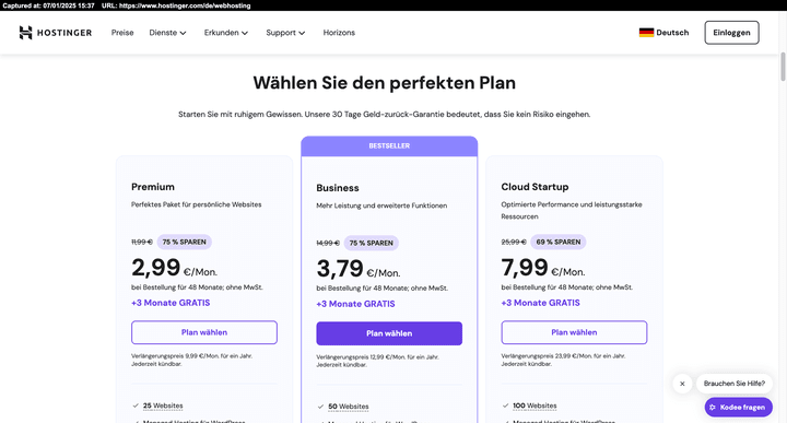 Ein Blick auf die Preise für Hostinger (hier bei einer Laufzeit von 48 Monaten).