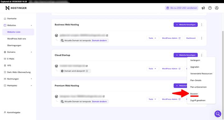 Um Lastspitzen auszugleichen, bietet Hostinger die “Booster”, mit denen du deiner Website kurzfristig mehr Ressourcen zur Verfügung stellen kannst.