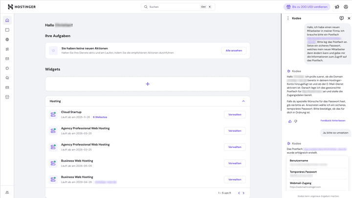 Kodee kann zum Beispiel neue E-Mail-Postfächer für dich einrichten. Eine echte Zeitersparnis im Alltag.