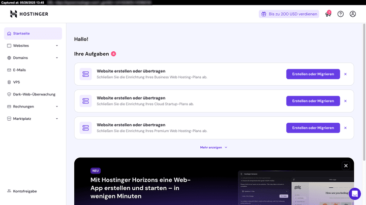 Hostinger überzeugt durch ein aufgeräumtes Design und klare Anweisungen für neue Nutzer:innen; auf der Startseite siehst du immer, was es noch zu tun gibt, bis deine Website live ist.