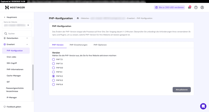 Ein Blick auf die verfügbaren PHP-Versionen bei Hostinger.