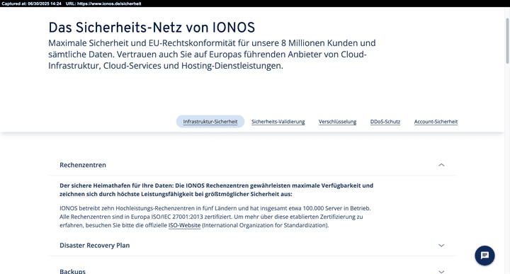 IONOS bietet ein sehr umfassendes und transparentes Sicherheits-Center mit allen wichtigen Informationen.