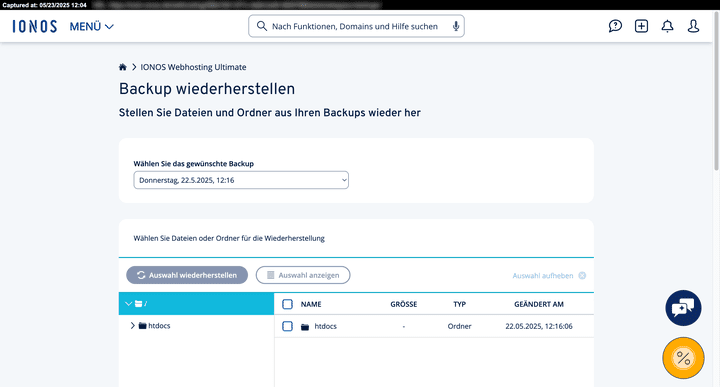 Backups werden von IONOS automatisch angelegt und lassen sich im Control Panel wiederherstellen.