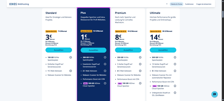 Hier siehst du alle verfügbaren Webhosting-Tarife von IONOS im Überblick – prominent mit den Rabatten für die erste Laufzeit bei jährlicher Zahlung.