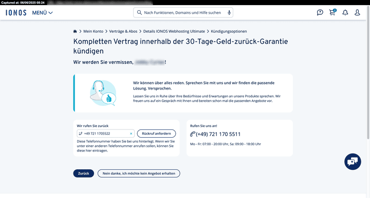 IONOS bietet eine 30-tägige Geld-zurück-Garantie für alle Webhosting-Tarife.