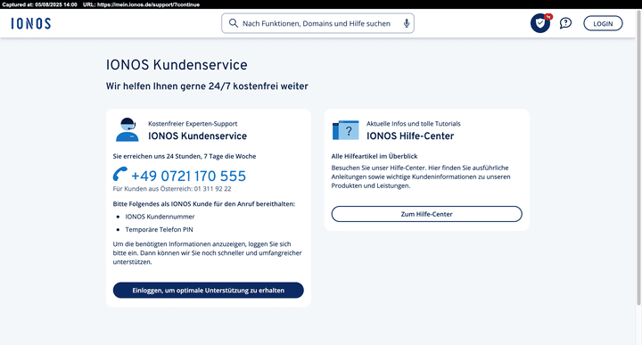 IONOS setzt auf den jederzeit verfügbaren persönlichen Telefon-Support – der schriftliche Support per E-Mail ist dagegen weniger einfach zugänglich.