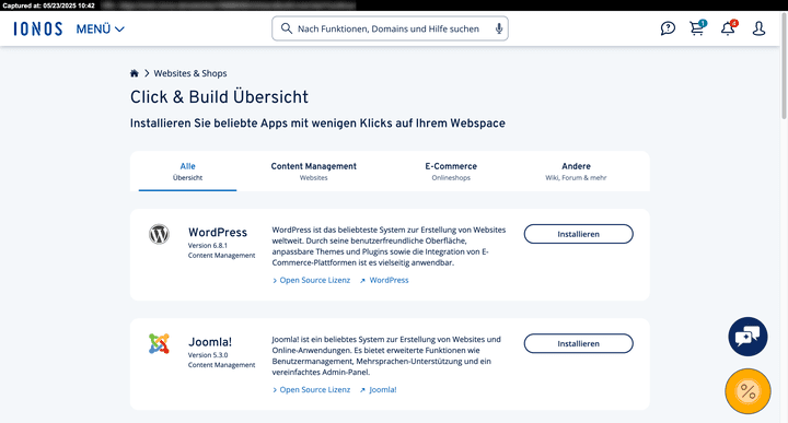 IONOS bietet über 70 One-Click-Installationen an, die du im Control Panel aktivieren und installieren kannst.