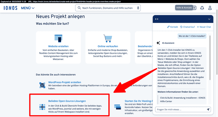 Der One-Click-Installer ist in der Oberfläche von IONOS gar nicht so einfach zu finden – der KI-Assistent unterstützt aber bei Bedarf.