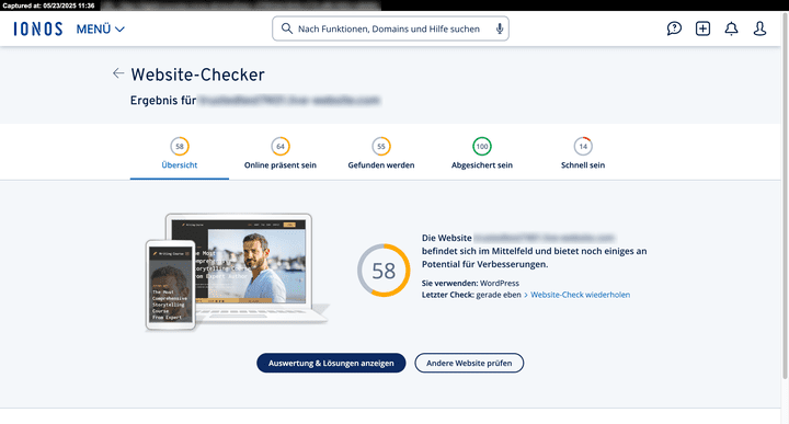 Bei IONOS mit dabei ist z.B. der Website-Checker, der dir nützliche Tipps für bessere Auffindbarkeit und Geschwindigkeit für deine Webpräsenz gibt.
