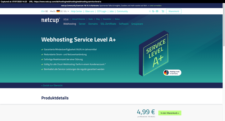 Das optionale Service Level A+ hebt die garantierte Uptime und bietet optionalen Premium-Support und Entschädigungen bei Unterschreitung der Uptime.