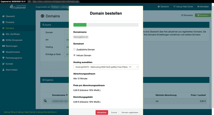 Eine bis maximal 12 Domains sind bei netcup kostenlos integriert.