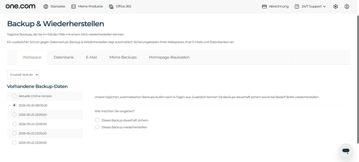 Backups werden bei one.com täglich angelegt und bis zu 14 Tage lang für dich aufbewahrt.