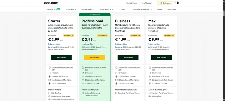 Hier bekommst du einen Überblick über die Preispakete von one.com.