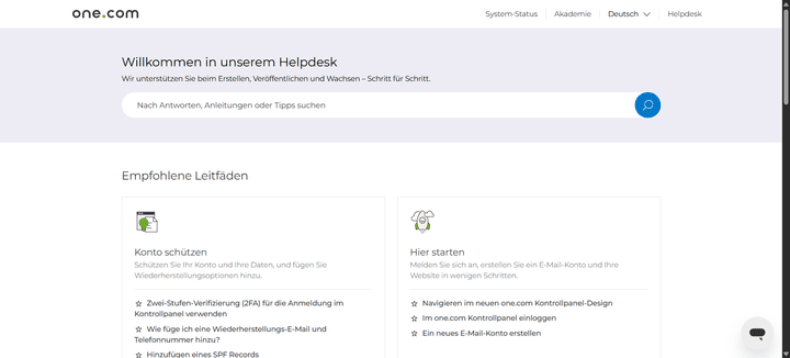 Der Helpdesk von one.com ist umfassend und wartet mit übersichtlichen und einfach zu folgenden Anleitungen und Tutorials auf.