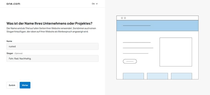 Am Anfang fragt Aida ein paar Standard-Daten für deine Website ab, z.B. den Titel und den “Slogan”