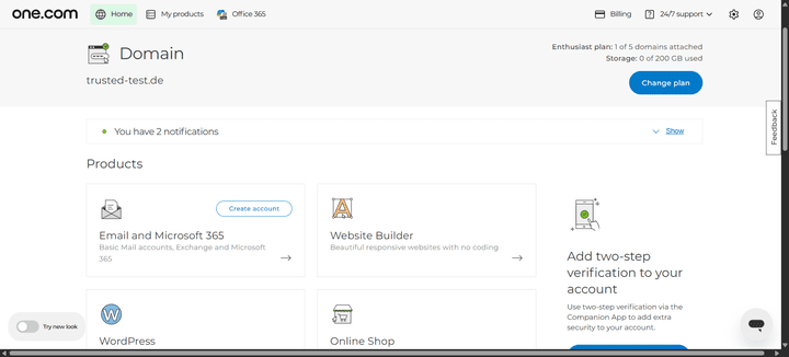 Das klassische Control Panel von one.com im Überblick.
